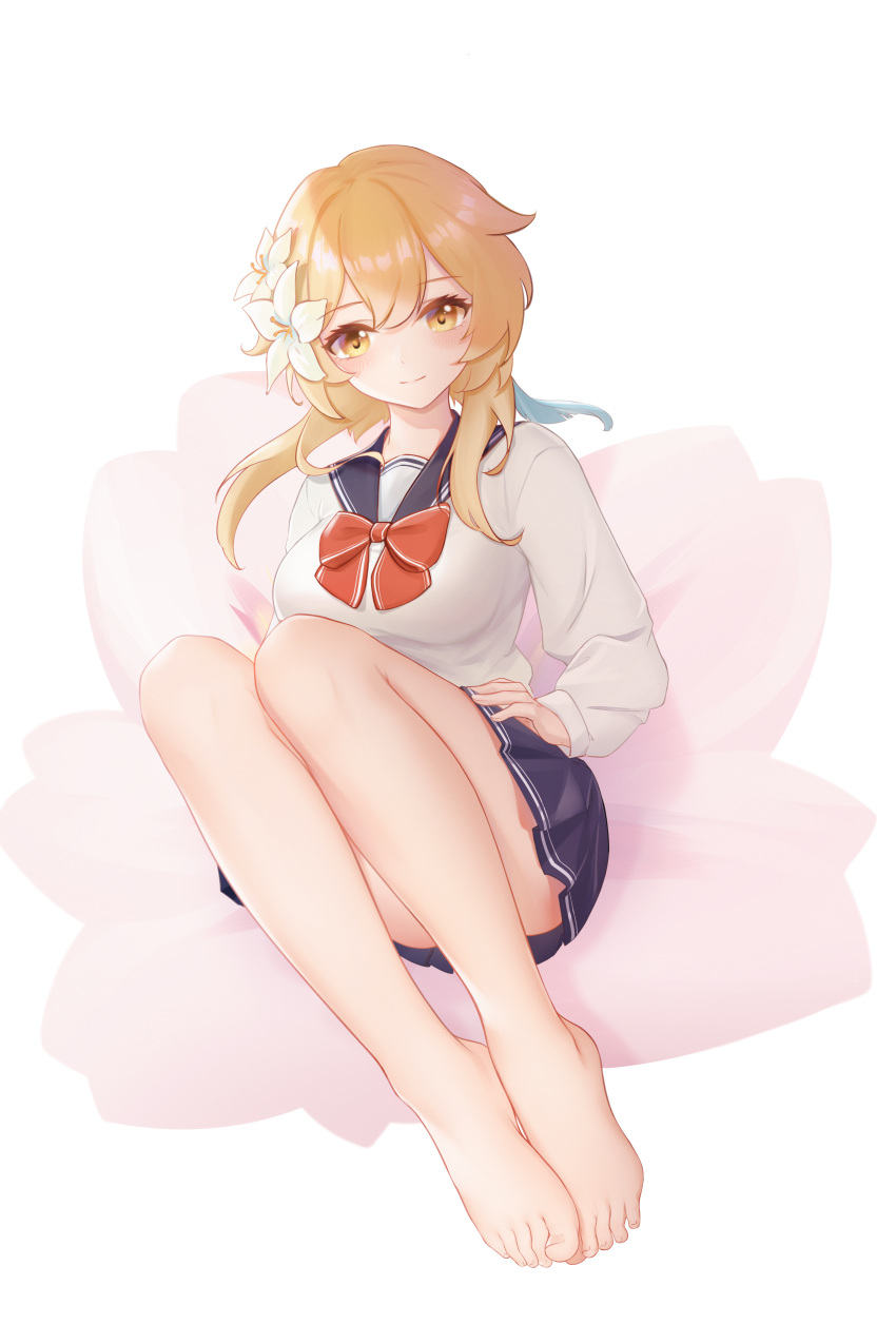 1girl, absurdres, alternate_costume, bangs, bare_legs, barefoot, blonde_hair, blue_sailor_collar, blue_skirt, blush, bow, bowtie, breasts, commentary, eyebrows_visible_through_hair, feet, flower, full_body, genshin_impact, hair_flower, hair_ornament, highres, knees_up, large_breasts, legs, legs_together, light_smile, long_hair, long_sleeves, looking_at_viewer, lumine_(genshin_impact), maruko_le, pleated_skirt, red_bow, red_neckwear, sailor_collar, school_uniform, serafuku, shirt, sitting, skirt, solo, toenails, toes, white_background, white_flower, white_shirt, yellow_eyes
