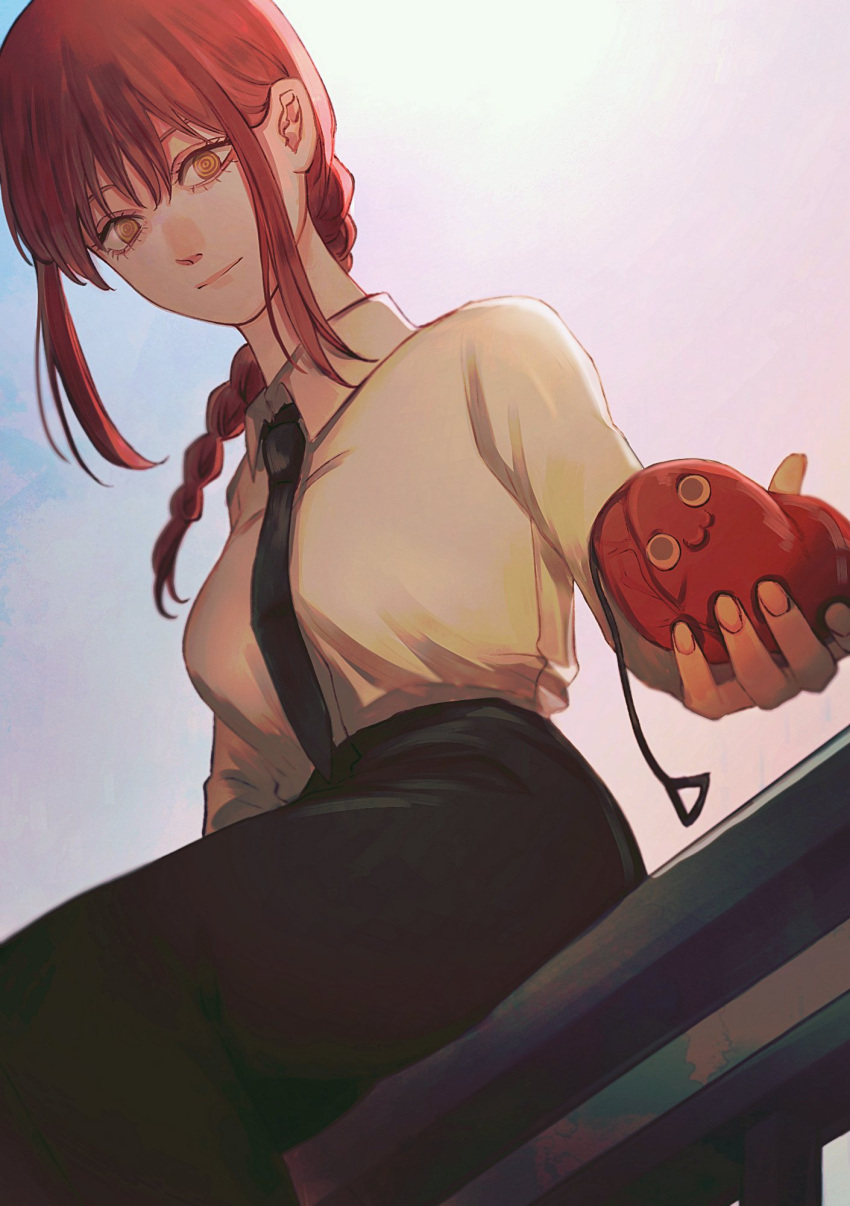 1girl, black_neckwear, black_pants, braid, braided_ponytail, breasts, chainsaw_man, closed_mouth
