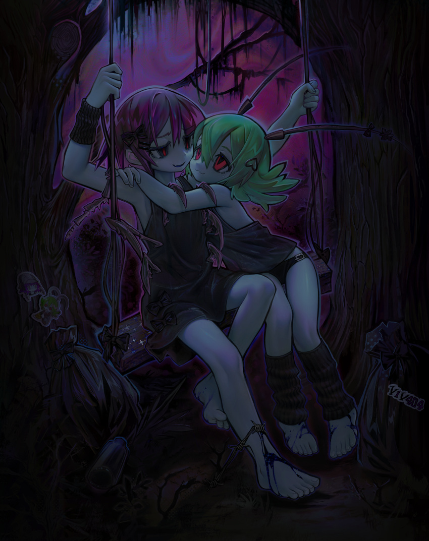 2girls, antennae, arm_warmers, arms_around_neck, arthropod_girl, artist_name, baggy_clothes, barbed_wire, bare_shoulders, barefoot, black_bow, black_eyes, black_legwear, black_panties, black_shirt, blue_blood, bow, colored_skin, fingernails, green_hair, hair_between_eyes, hair_ornament, hairclip, highres, monster_girl, multiple_girls, neodim, original, panties, purple_hair, red_eyes, red_pupils, shirt, short_hair, sticker, swing, trash_bag, tree, underwear, v1v404, white_skin