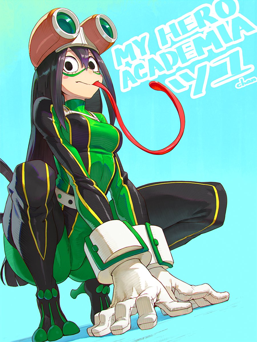 1girl, asui_tsuyu, black_eyes, black_hair, blue_background, bodysuit, boku_no_hero_academia, breasts, character_name, commentary_request, copyright_name, gloves, goggles, goggles_on_head, gradient, gradient_background, green_bodysuit, long_hair, long_tongue, looking_at_viewer, mask, medium_breasts, shuichi_wada, simple_background, solo, squatting, tongue, very_long_tongue, white_gloves