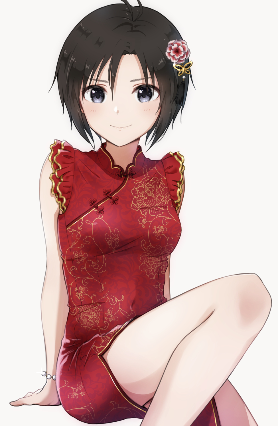1girl, antenna_hair, arm_support, bangs, black_eyes, bracelet, breasts, butterfly_hair_ornament