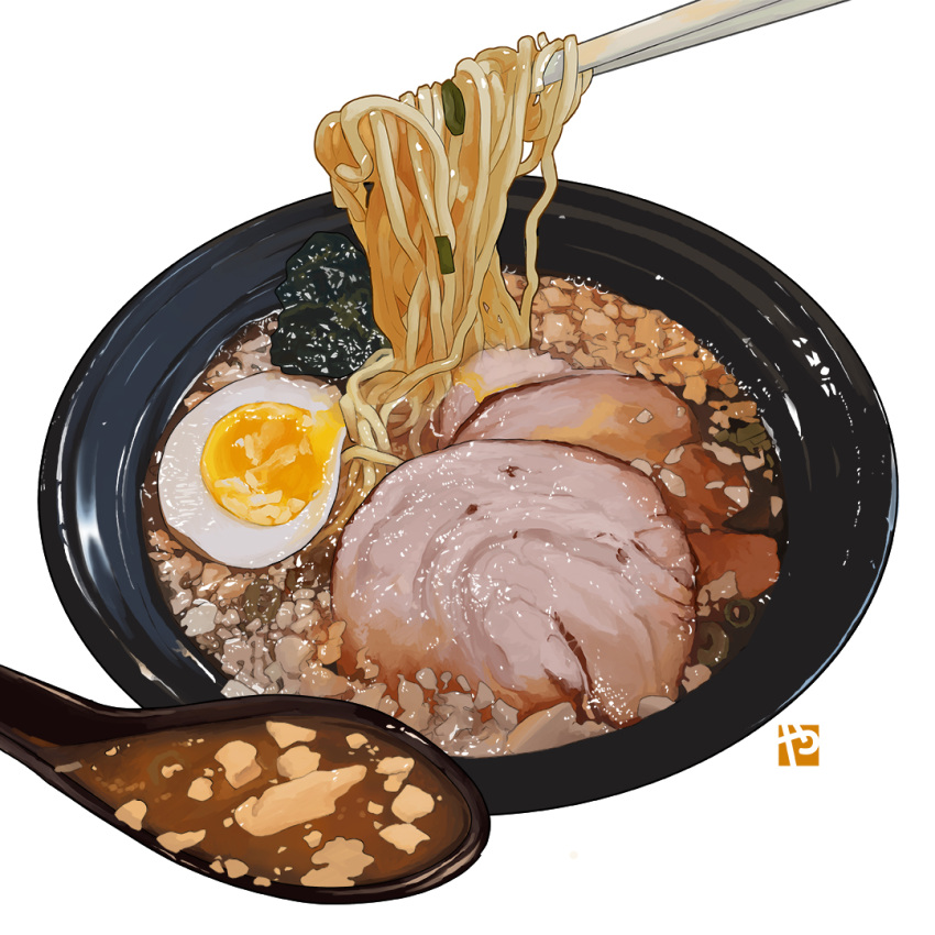 bowl, chopsticks, egg, english_commentary, food, food_focus, halfboiled_egg, meat