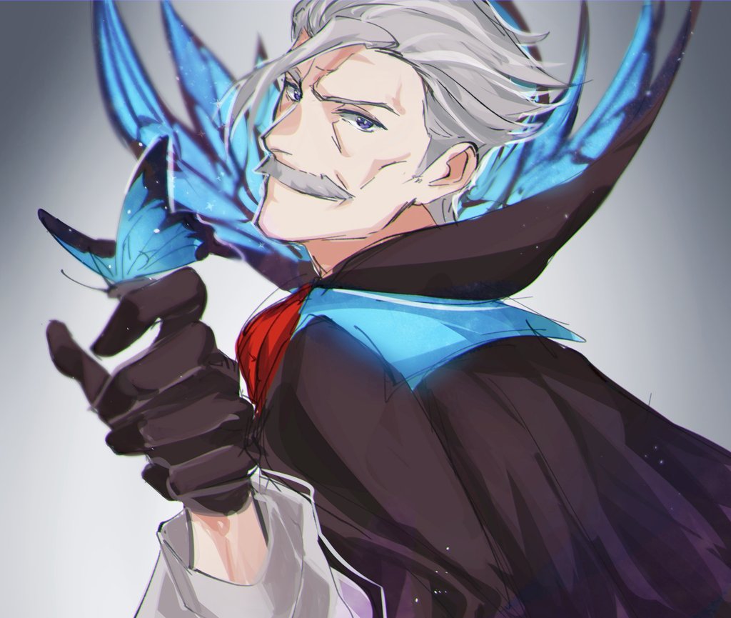1boy, black_cape, black_gloves, blue_butterfly, blue_eyes, bug, butterfly, butterfly_on_finger, cape, facial_hair, fate/grand_order, fate_(series), gloves, hair_between_eyes, hair_slicked_back, insect, james_moriarty_(fate), long_sleeves, male_focus, mustache, old, old_man, simple_background, sketch, solo, trstfx_(lina), upper_body
