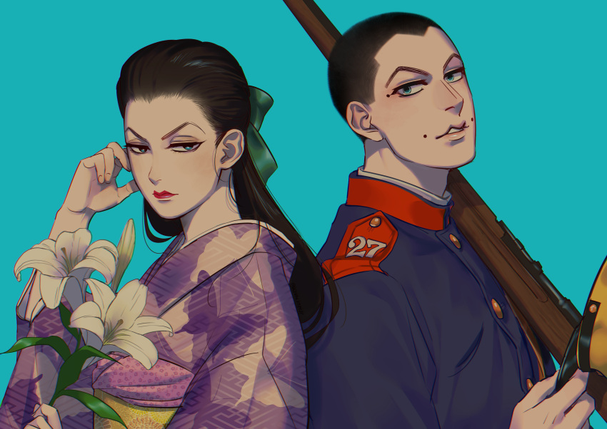 absurdres, black_hair, blue_background, blue_eyes, bow, buzz_cut, facial_mark, flower, golden_kamuy, gun, hair_bow, hand_up, hat, hat_removed, headwear_removed, highres, holding, holding_flower, japanese_clothes, kimono, lily_(flower), lipstick, long_hair, looking_at_viewer, makeup, military, military_uniform, pated_lips, reman_kamuy, short_hair, uniform, upper_body, usami_tokishige, very_short_hair, weapon