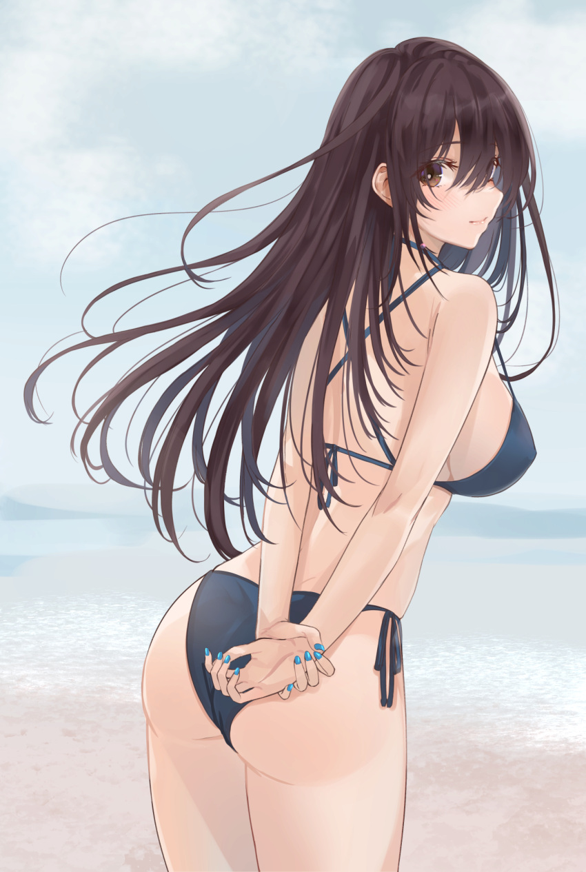 1girl, ass, beach, bikini, black_bikini, blue_nails, blue_sky, blush