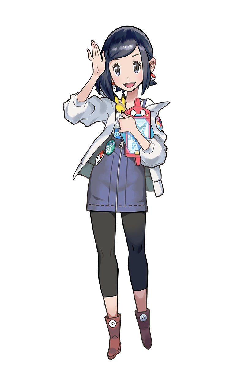 1girl, :d, badge, black_eyes, black_hair, black_legwear, blue_skirt, blush