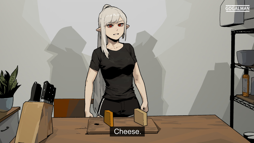 1girl, artist_name, black_shirt, black_shorts, cheese, cheese_vs._cheese_(meme), commentary, cutting_board