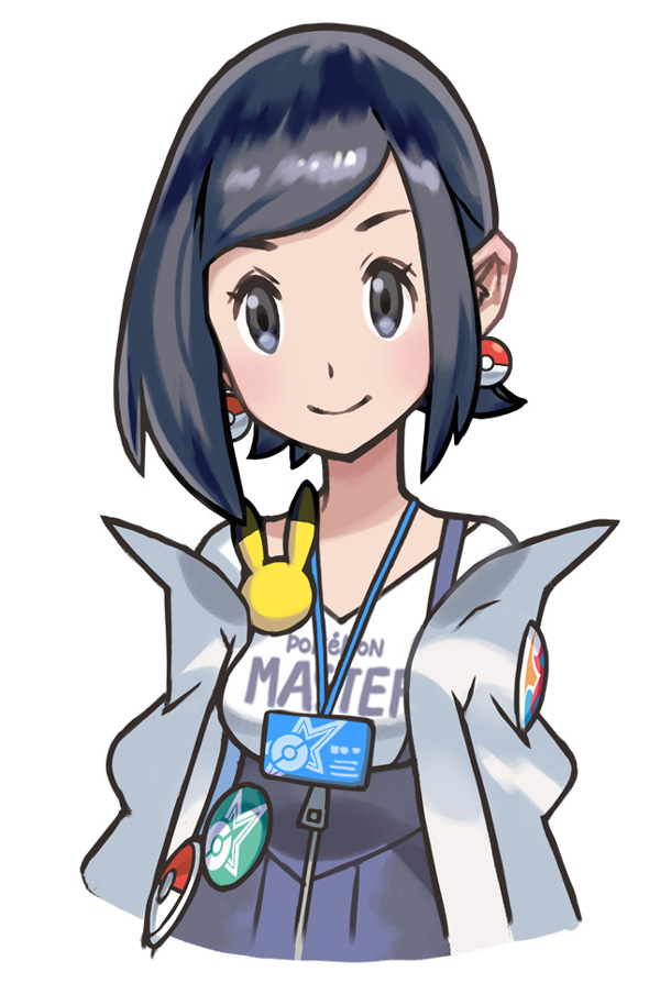 1girl, badge, black_eyes, black_hair, blue_skirt, blush, body_blush, breasts