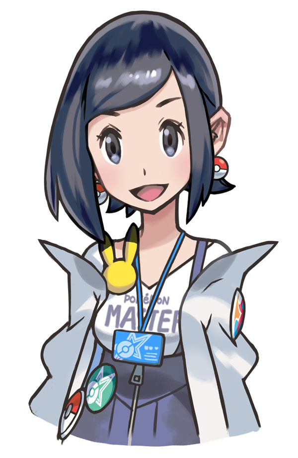 1girl, badge, black_eyes, black_hair, blue_skirt, blush, body_blush, breasts