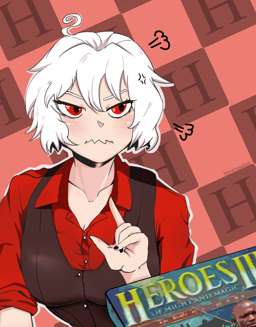 1boy, 1girl, absurdres, ahoge, anger_vein, annoyed, black_vest, brand_name_imitation