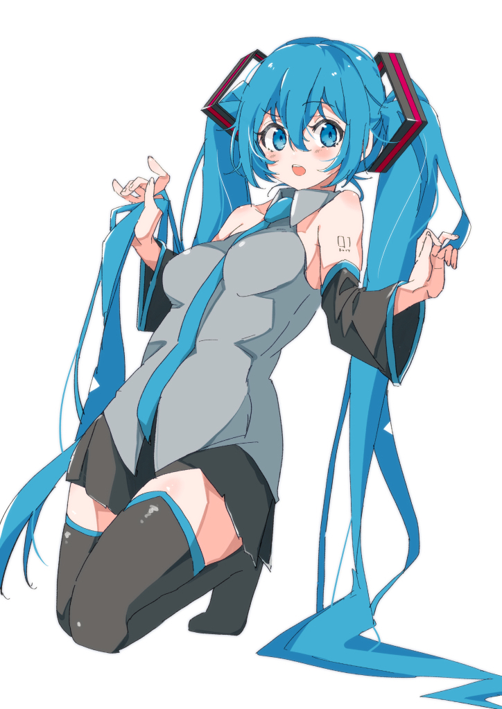 1girl, aqua_eyes, aqua_hair, aqua_neckwear, bare_shoulders, black_legwear, black_skirt, black_sleeves