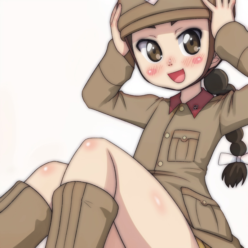 1girl, :d, black_hair, boots, braid, braided_ponytail, brown_eyes, brown_footwear
