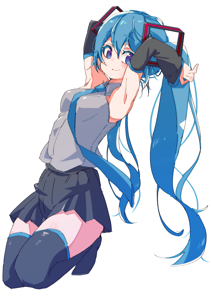 1girl, aqua_hair, aqua_neckwear, armpits, arms_behind_head, arms_up, bare_shoulders, black_legwear, black_skirt, black_sleeves, blue_eyes, bokarokaku, commentary, detached_sleeves, from_side, grey_shirt, hair_ornament, hatsune_miku, long_hair, looking_at_viewer, miniskirt, necktie, pleated_skirt, shirt, skirt, sleeveless, sleeveless_shirt, smile, solo, thigh-highs, twintails, very_long_hair, vocaloid, white_background, zettai_ryouiki