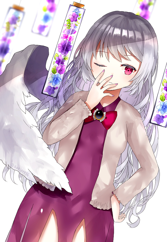 1girl, alternate_hair_length, alternate_hairstyle, angel_wings, bangs, beige_jacket, blue_flower, blurry