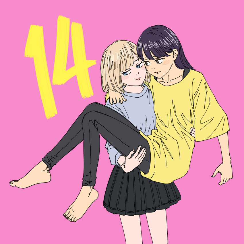 14, 2girls, aria_(vampeerz), arm_around_shoulder, barefoot, black_hair, black_legwear, black_skirt