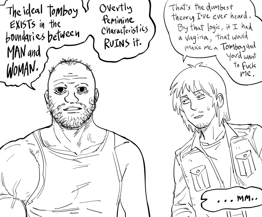 2boys, bald_spot, bb_(baalbuddy), coomer, english_text, facial_hair, goatee, greyscale