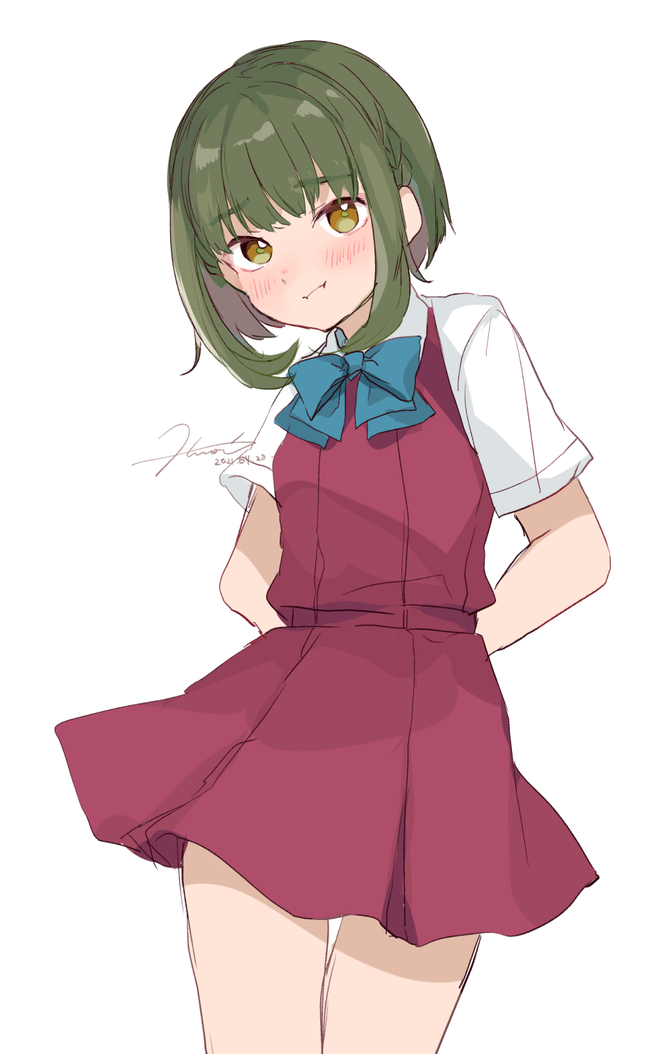 1girl, :i, bangs, blue_neckwear, blush, bow, bowtie, dated, dress, eyebrows_visible_through_hair, green_hair, highres, hiroi09, kantai_collection, looking_at_viewer, pout, purple_dress, school_uniform, shirt, short_hair, short_sleeves, signature, simple_background, solo, takanami_(kancolle), white_background, white_shirt, yellow_eyes