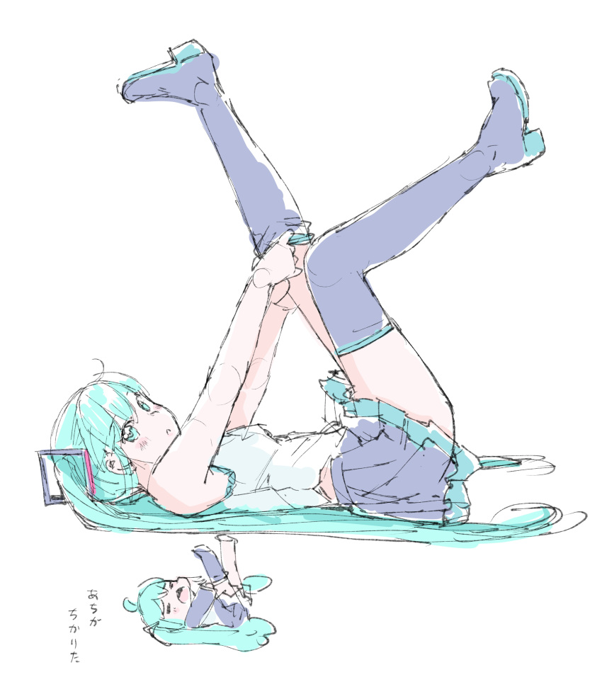 2girls, absurdres, aqua_eyes, aqua_hair, black_legwear, black_skirt, chibi_miku_(mayo_riyo), from_side, hair_ornament, hatsune_miku, highres, legs_up, long_hair, looking_at_viewer, lying, mayo_riyo, minigirl, miniskirt, multiple_girls, on_back, pleated_skirt, removing_legwear, shirt, sketch, skirt, sleeveless, sleeveless_shirt, thigh-highs, translated, twintails, very_long_hair, vocaloid, white_background, white_shirt