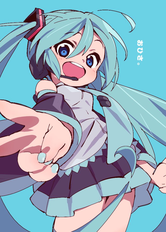 1girl, ahoge, aqua_background, aqua_hair, aqua_nails, aqua_neckwear, bare_shoulders, black_skirt, black_sleeves, blue_eyes, cowboy_shot, detached_sleeves, foreshortening, from_below, grey_shirt, hair_ornament, hatsune_miku, headphones, headset, iihoneikotu, long_hair, looking_at_viewer, miniskirt, nail_polish, necktie, open_mouth, pleated_skirt, shirt, skirt, sleeveless, sleeveless_shirt, smile, solo, thigh-highs, translated, twintails, v, very_long_hair, vocaloid