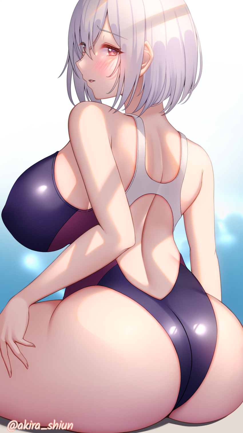 1girl, akira_shiun, artist_name, ass, azur_lane, back, bangs, bare_shoulders, blurry, blurry_background, blush, breasts, commentary_request, competition_swimsuit, covered_nipples, eyebrows_visible_through_hair, facing_away, hair_between_eyes, highres, large_breasts, looking_back, one-piece_swimsuit, parted_lips, pink_eyes, short_hair, silver_hair, simple_background, sirius_(azur_lane), sitting, solo, swimsuit