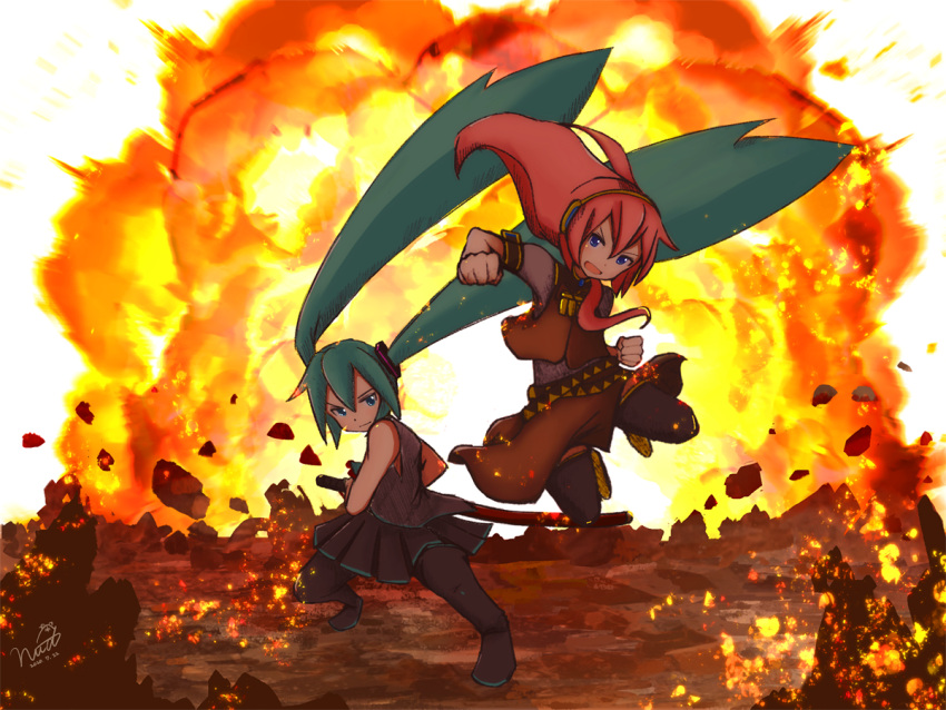 2girls, action, aqua_eyes, aqua_hair, armband, bare_shoulders, battoujutsu_stance, belt, black_legwear, black_shirt, black_skirt, blue_eyes, clenched_hands, commentary, debris, explosion, fighting_stance, fire, gold_trim, grey_shirt, hair_ornament, hatsune_miku, headphones, jumping, katana, long_hair, long_skirt, looking_at_viewer, megurine_luka, miniskirt, multiple_girls, niidonroad, open_mouth, pink_hair, pleated_skirt, sheath, shirt, short_sleeves, signature, skirt, sleeveless, sleeveless_shirt, smile, sword, thigh-highs, twintails, v-shaped_eyebrows, very_long_hair, vocaloid, weapon