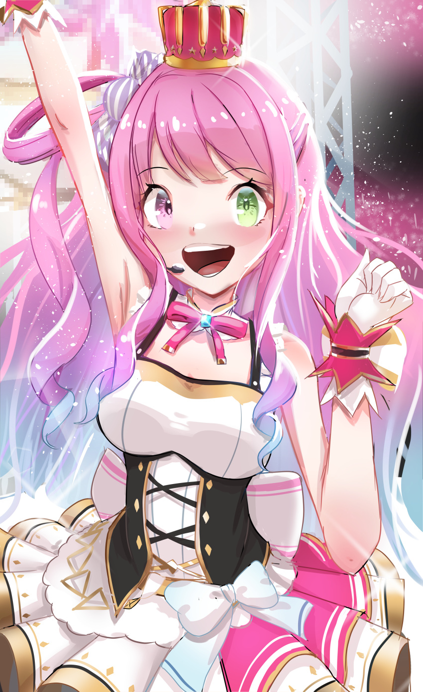 1girl, :d, absurdres, arm_pump, armpits, arms_up, bangs, bare_arms