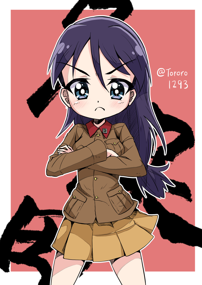 1girl, absurdres, background_text, bangs, black_eyes, black_hair, border, brown_jacket