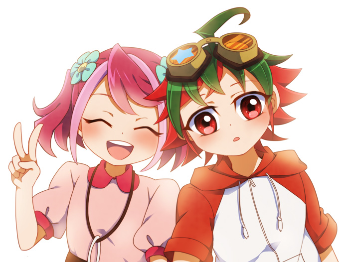 ^o^, chibi, couple, happy, hiiragi_yuzu, multicolored_hair, open_mouth, pink_hair