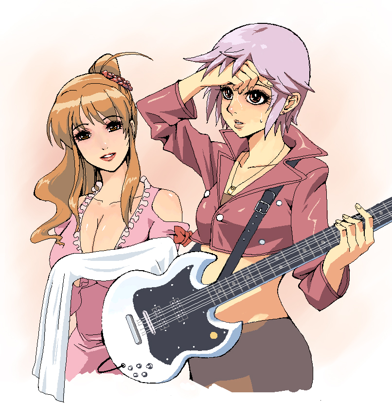 asahina_mikuru, bad_id, breasts, brown_eyes, brown_hair, cleavage, guitar, instrument