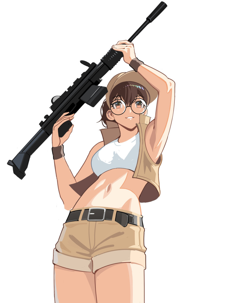1girl, absurdres, assault_rifle, bangs, baseball_cap, belt, black_belt, breasts