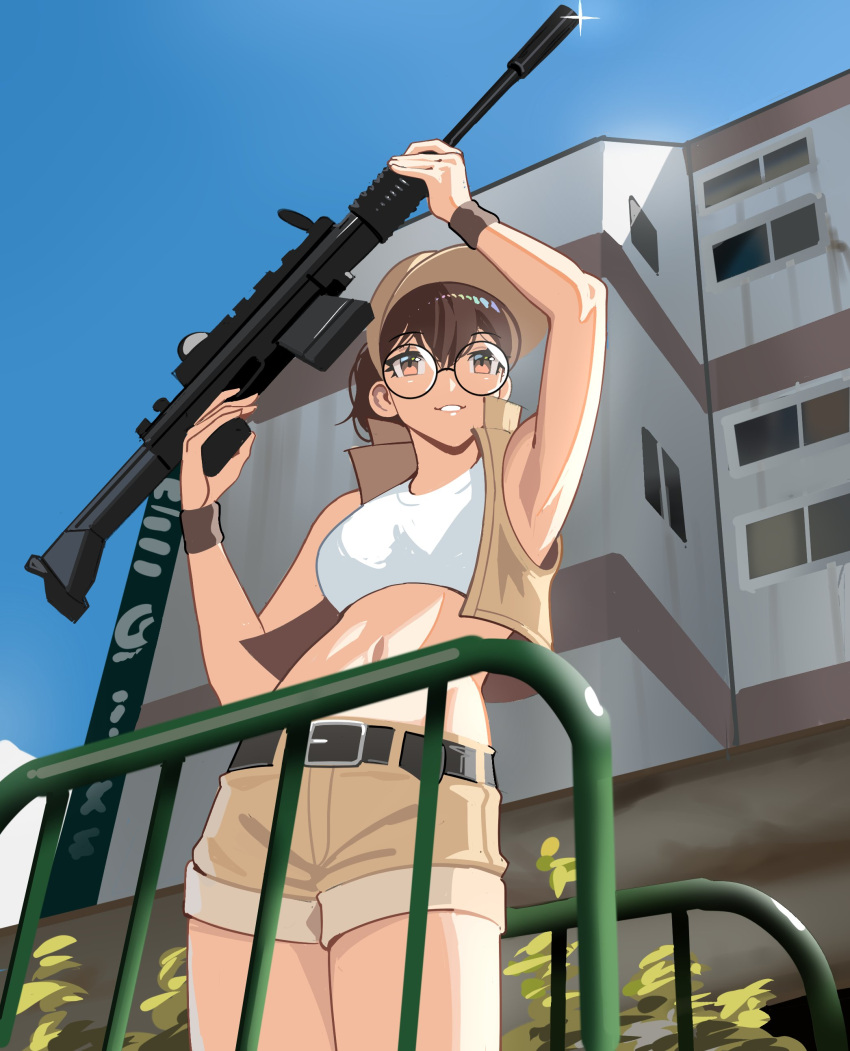 1girl, absurdres, assault_rifle, bangs, baseball_cap, belt, black_belt, breasts
