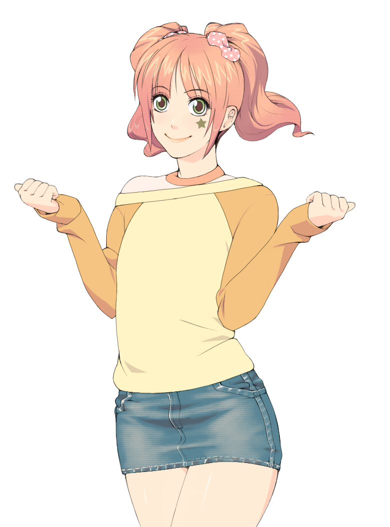 bad_id, bare_shoulders, brown_eyes, brown_hair, denim_skirt, face_tattoo, facepaint, green_eyes