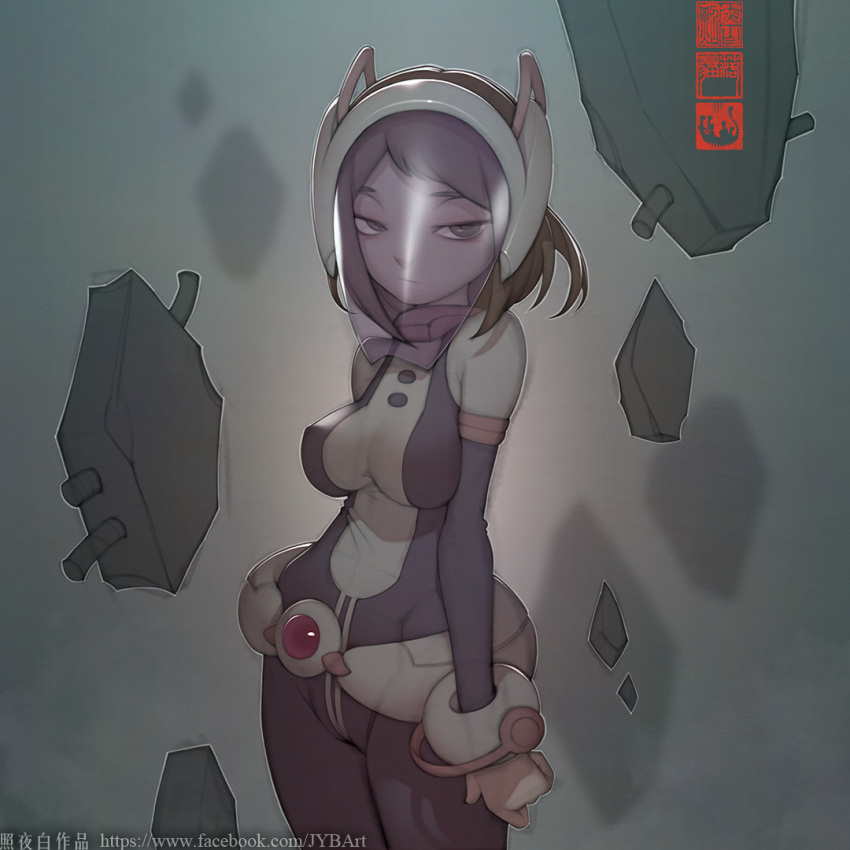 1girl, artist_name, bodysuit, boku_no_hero_academia, breasts, brown_eyes, brown_hair, floating
