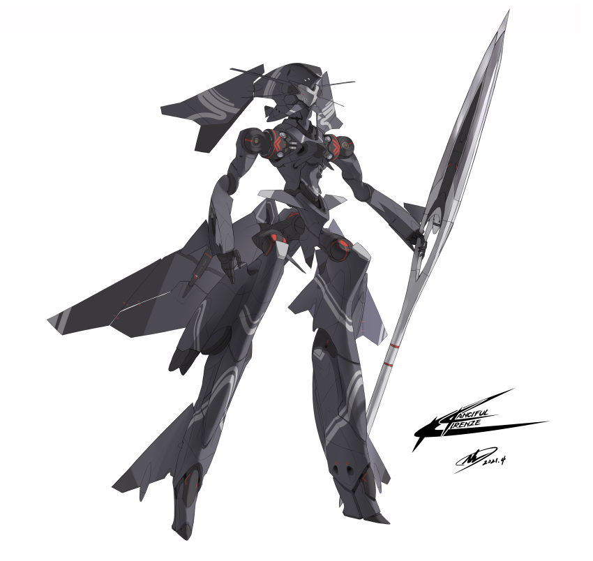 absurdres, andrew_leung, dated, extra_eyes, full_body, highres, holding, holding_lance, holding_polearm, holding_weapon, lance, mecha, no_humans, open_hand, original, polearm, science_fiction, signature, solo, standing, weapon, white_background, white_eyes