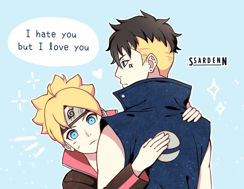 2boys, blonde_hair, blue_eyes, boruto:_naruto_next_generations, boruto:_naruto_the_movie, closed_eyes, commentary_request, dog