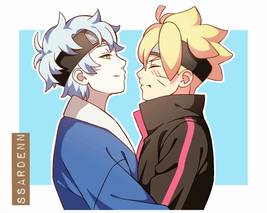 2boys, blonde_hair, blue_eyes, boruto:_naruto_next_generations, boruto:_naruto_the_movie, closed_eyes, commentary_request, dog, forehead_protector, full_body, grey_hair, highres, holding, male_focus, mitsuki_(naruto), multiple_boys, naruto_(series), smile, ssardenn, uzumaki_boruto
