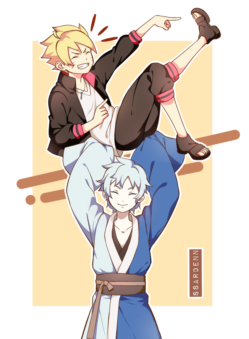 2boys, blonde_hair, blue_eyes, boruto:_naruto_next_generations, boruto:_naruto_the_movie, closed_eyes, commentary_request, dog