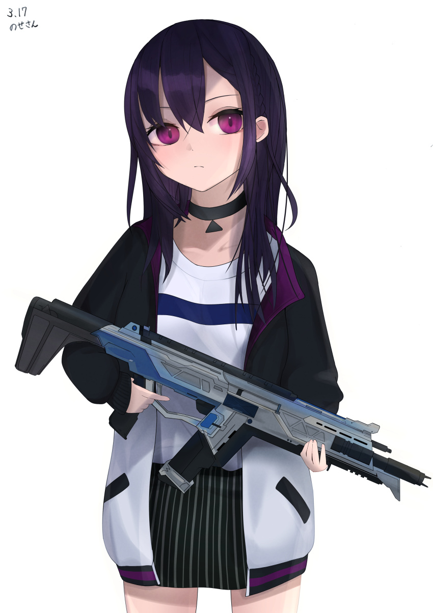1girl, absurdres, apex_legends, assault_rifle, bangs, black_choker, black_hair, black_jacket, black_skirt, choker, collarbone, gun, highres, holding, holding_gun, holding_weapon, ichinose_uruha, jacket, krmrsn9603, long_hair, r-301_carbine, rifle, shirt, skirt, solo, two-tone_jacket, violet_eyes, virtual_youtuber, weapon, white_background, white_jacket, white_shirt