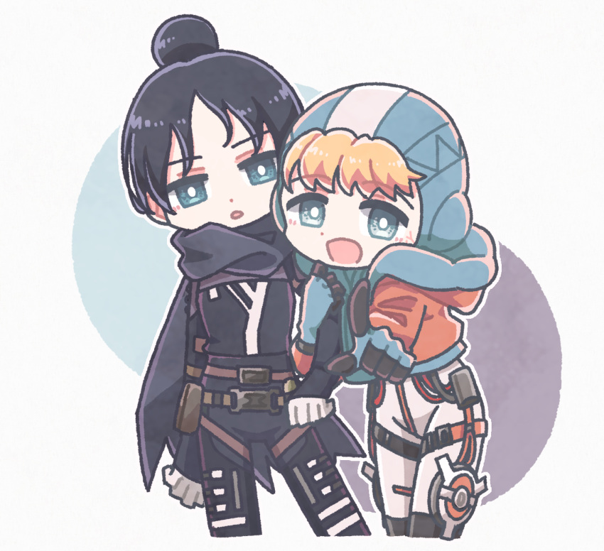 2girls, apex_legends, bangs, black_bodysuit, black_scarf, blonde_hair, blue_eyes, blue_gloves