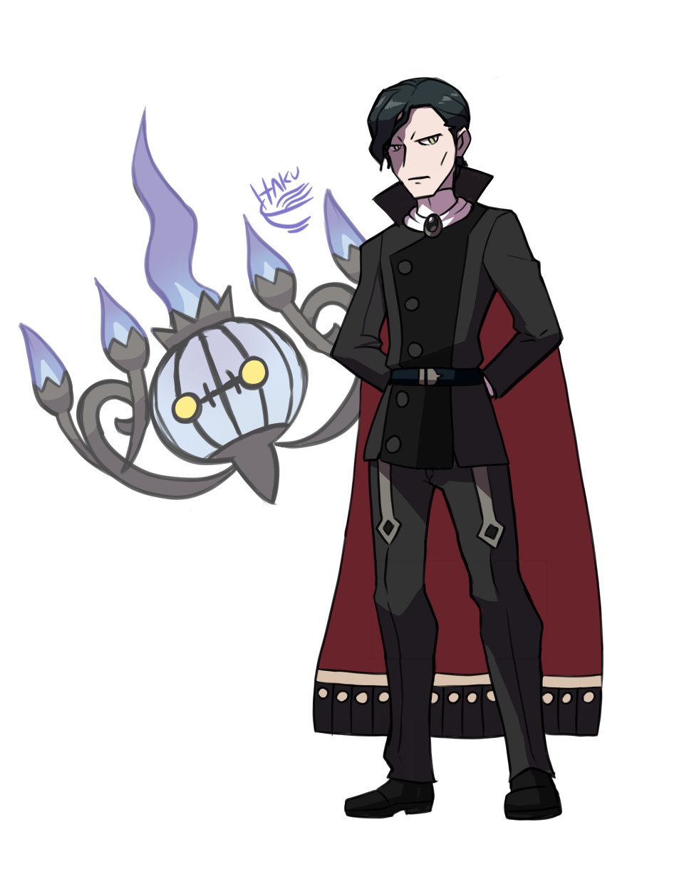 1boy, arms_behind_back, belt, black_footwear, black_hair, black_pants, cape, chandelure