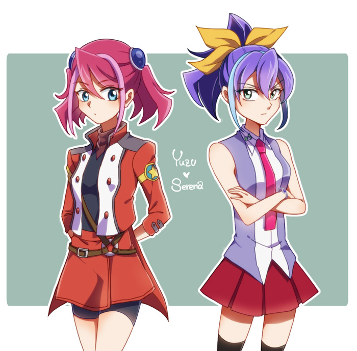2girls, blue_eyes, blue_hair, bracelet_girls, exposed_shoulders, green_eyes, high_ponytail, hiiragi_yuzu