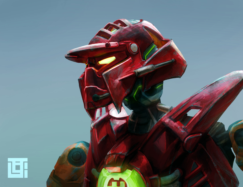 1boy, blue_background, headset, hero_factory, humanoid_robot, kozsen_810290, leaning_forward, looking_ahead