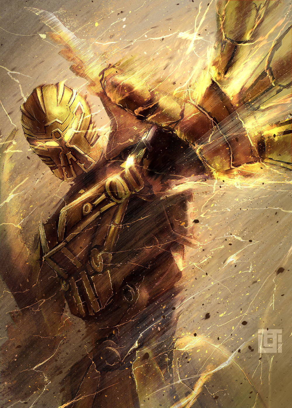 bionicle, electricity, glowing, glowing_eyes, highres, humanoid_robot, kanohi_(bionicle), kozsen_810290, looking_at_viewer, mask, mata_nui_(toa), mecha, no_humans, open_hand, science_fiction, solo, the_lego_group