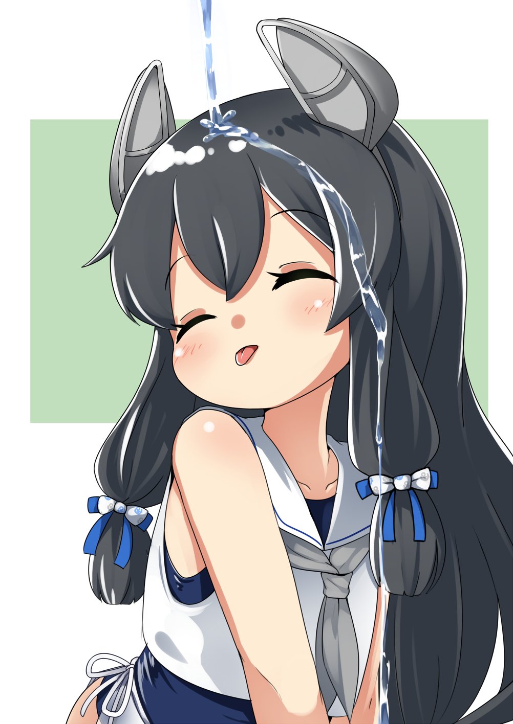 1girl, bangs, black_hair, blue_swimsuit, blush, closed_eyes, eyebrows_visible_through_hair, grey_neckwear
