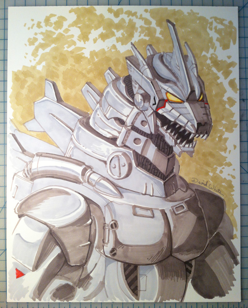 english_commentary, godzilla_(series), looking_down, marker_(medium), mecha, mecha-zone, mechagodzilla, no_humans, open_mouth, photo_(medium), science_fiction, sharp_teeth, solo, teeth, traditional_media, yellow_eyes