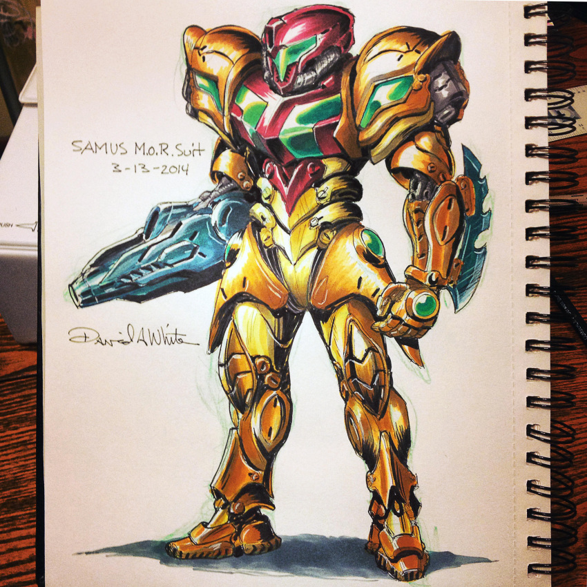 1girl, absurdres, arm_cannon, artist_name, dated, english_commentary, highres, looking_ahead, mecha-zone, metroid, notebook, open_hand, photo_(medium), redesign, samus_aran, science_fiction, solo, varia_suit, visor, weapon