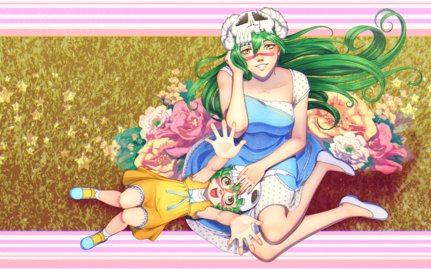 2girls, :d, absurdres, alternate_costume, bleach, blue_dress, breasts, collarbone