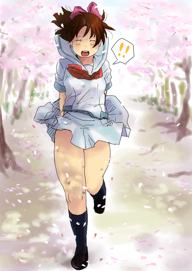aoi_minamo, bow, brown_hair, cherry_blossoms, closed_eyes, hair_bow, kaitarosu, outdoors