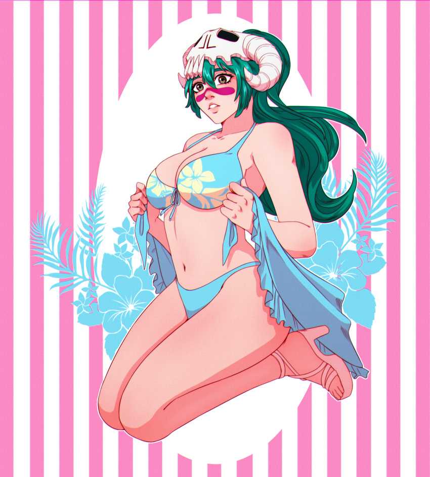 1girl, absurdres, alternate_costume, bikini, bleach, blue_bikini, blue_sarong, facial_mark