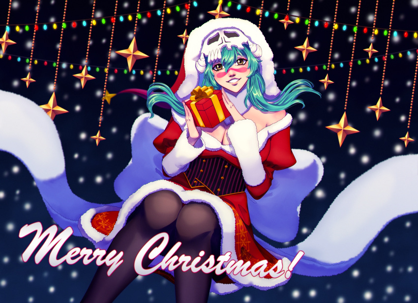 1girl, absurdres, alternate_costume, bare_shoulders, black_legwear, bleach, box, christmas_ornaments